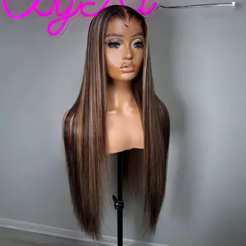 Straight Highlight Honey Blonde Ombre Color Synthetic 13X4 Lace Front Wig For Black Women Prepucked With Baby Hair Glueless Wig