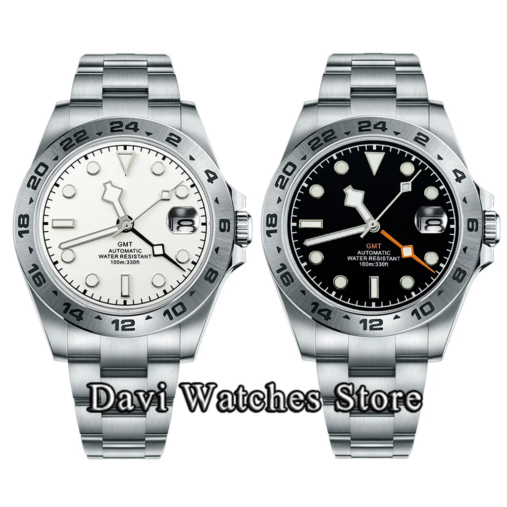 

40mm Sapphire Crystal Fashion GMT Watch Automatic Watch Silver Stainless Steel Case Sterile Green Luminous Dial NH34 Movement