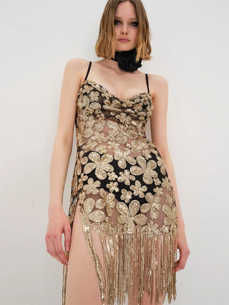 

Sexy Spaghetti Strap Tassel Glitter See Through Floral Sequins Evening Party Dresses for Women 2023 Vintage Backless Mini Dress