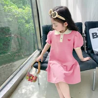 2024 New Children’s Summer Dress Girl’s Korean Edition love Bubble Sleeves Flip Collar Dress 1-12 Year Old Princess Dress