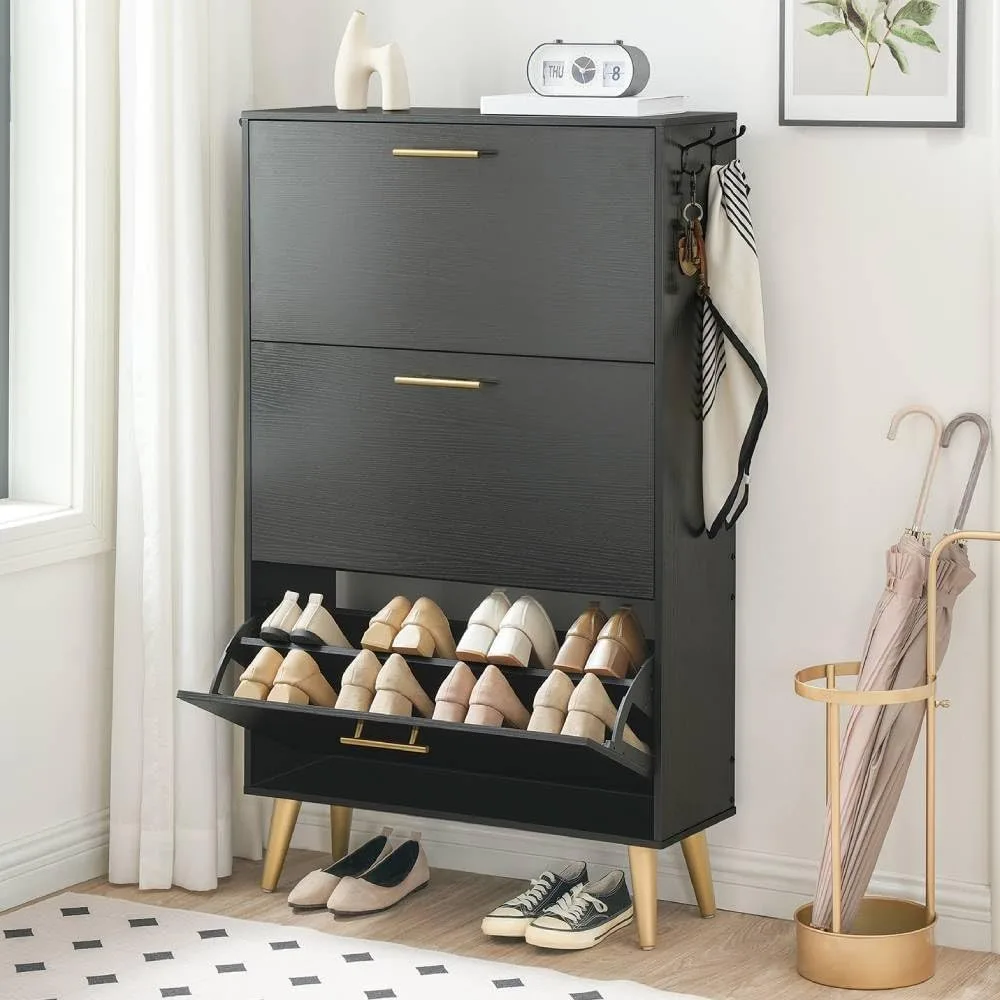 

Shoe Locker in The Entryway, Hidden Tipper Cabinet with 3 Clamshell Drawers, Shoe Rack Storage Cabinet with Coat Hook, Black