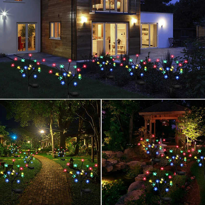 Solar LED Cherry Blossoms Fairy Tree Lights Outdoor Garden Christmas Decor Waterproof Landscape Solar Lamp