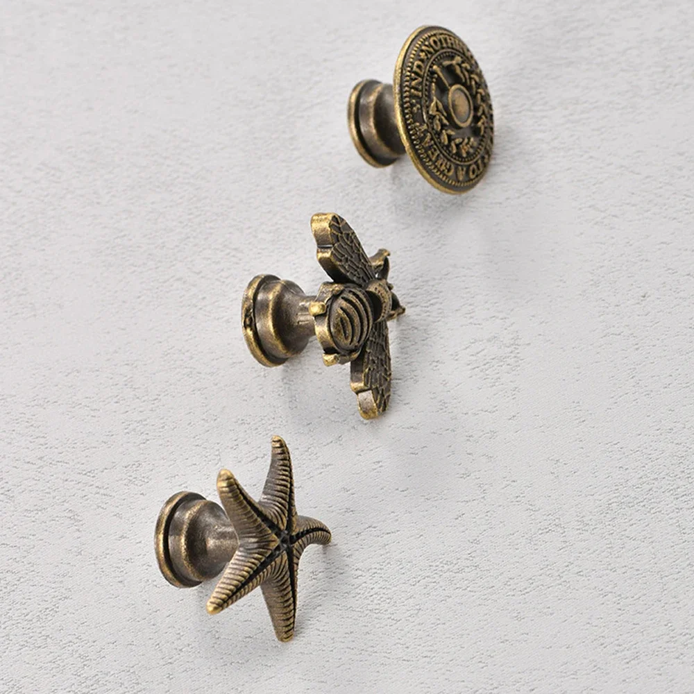 Antique Bronze Knobs w/screws Antique Bronze Creative Starfish Bee Round Pull Handle Single Hole 27mm Jewelry Box Cabinet 5pcs