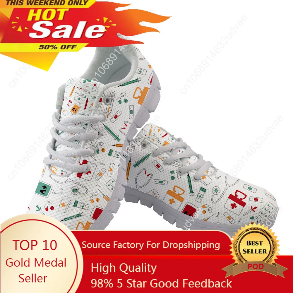 Cartoon Nurse Supplie Pattern Sneakers Women Lace-Up Shoes Spring Travel Mesh Footwear Girls Daily Flats Style Custom