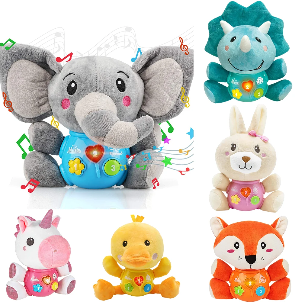 Tricerato Plush Toys with Music & Light Rabbit Unicorn Duck Fox Elephant Kawaii Stuffed Aminal for Boys Girls Baby Birthday Gift
