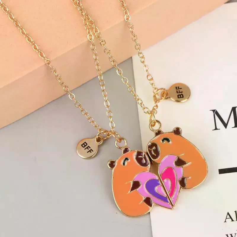 2Pcs Cute Cartoon Capybara Heart Puzzle Pendant Magnetic Best Friend Necklace For Besties Friendship Jewelry Gifts