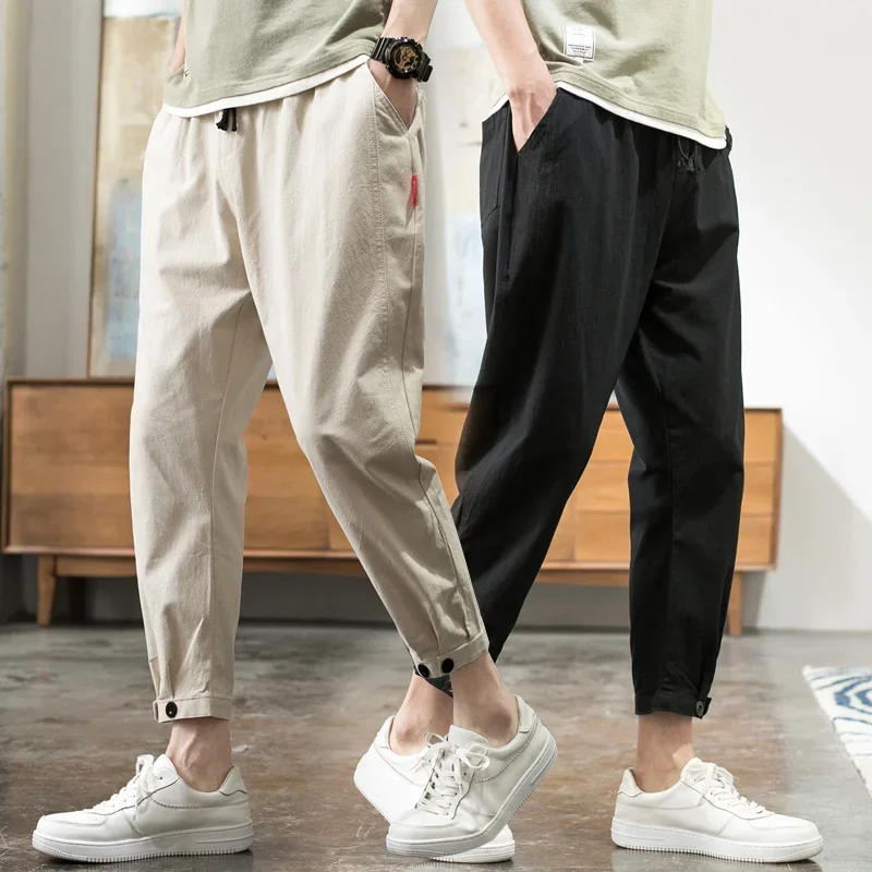 

2023 Summer Men's Casual Pants Cotton Linen Trousers Breathable Loose Shorts Straight Pants Streetwear