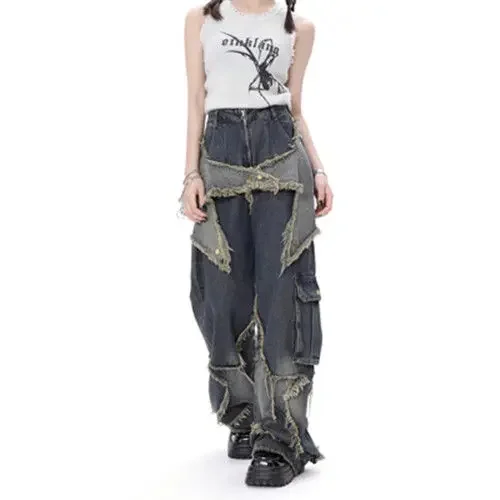 

Casual Star Tassel Trousers american Style Retro High Street Jeans Women's Spring Summer New Loose Wide Leg Pants Trendy Punk