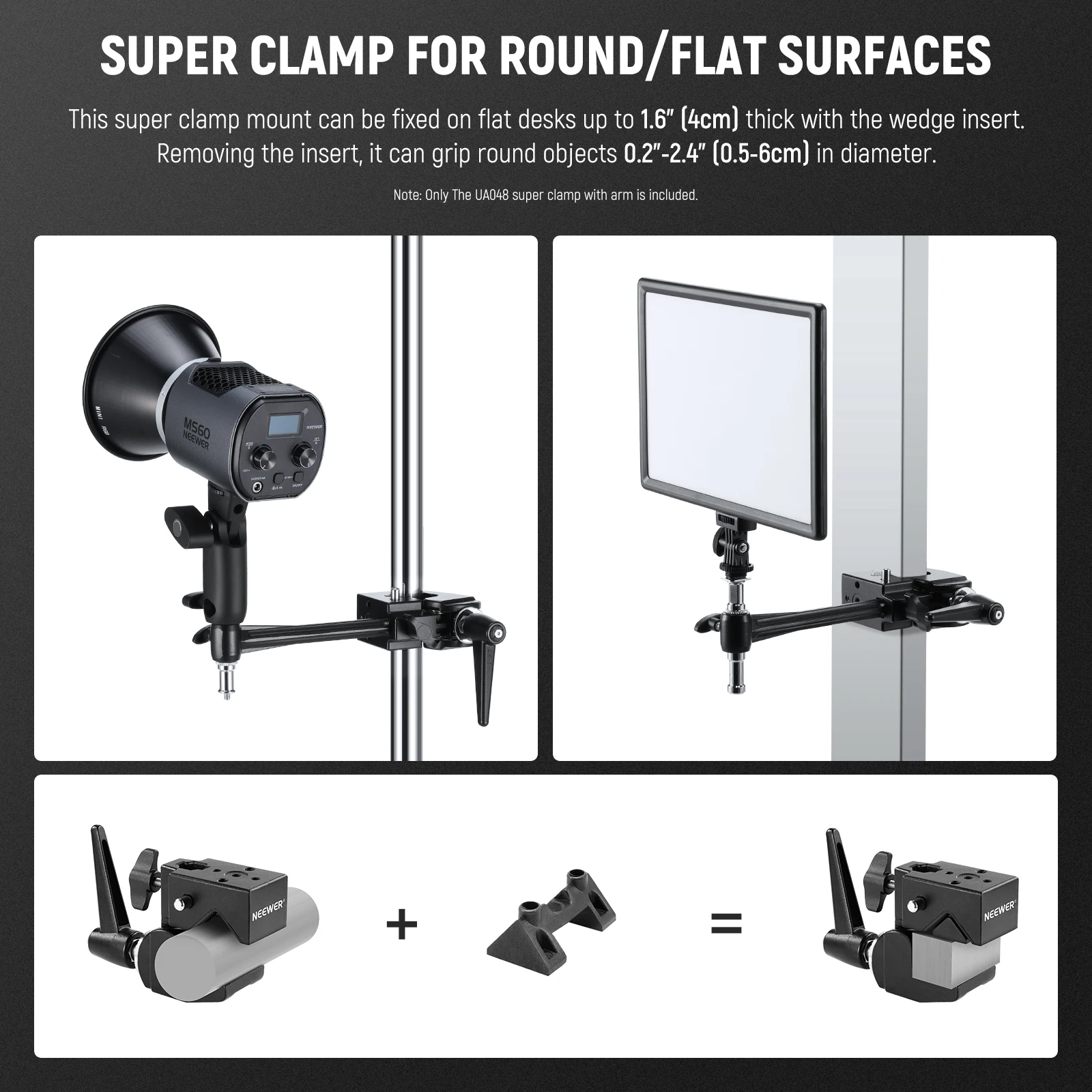NEEWER Super Clamp with 6" Extension Arm, 5/8" Stud, 2.4" Jaw Grip Heavy Duty Crab Pole Clamp for Round Pipe Flat Surface