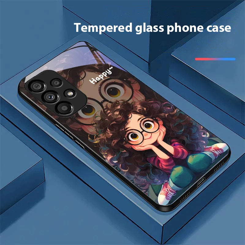 Curly Haired Girl Black Tempered Glass Phone Case - Hard Shell