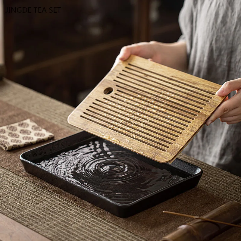 Black Ceramic Tea Tray Bamboo Panel Serving Tray Tea Set Supplies Water Storage Type Tea Table Living Room Trays Decorative