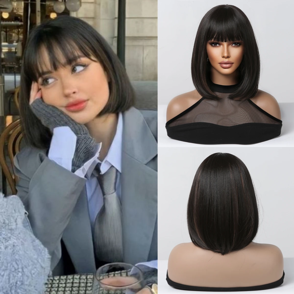 HAIRCUBE Short Black Straight Synthetic Wigs Natural Hair Bob Wig for Women Heat Resistant Daily Lolita Wig With Bangs Fibre