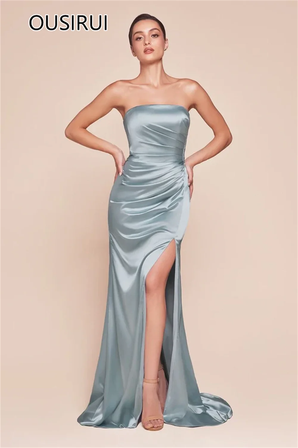 OUSIRUI Boat Collar Satin Pleated Formal Evening Party Dress Sleeveless Mermaid Side Slit Court Prom Bridal Gown robe de mari&eacute;e