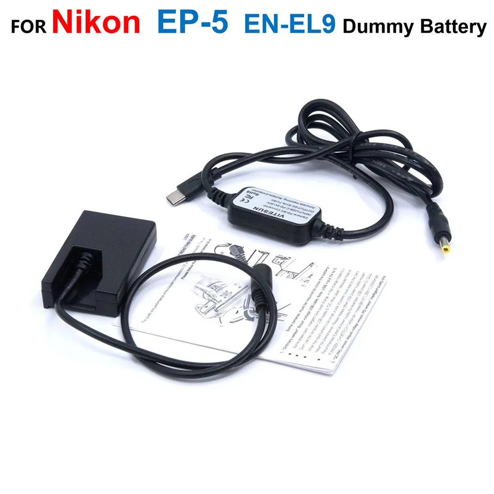 

EN-EL9 Dummy Battery EP-5 DC Coupler+USB Type C USB-PD Converter To DC Power Cable For Nikon D40 D40X D60 D3000 D5000