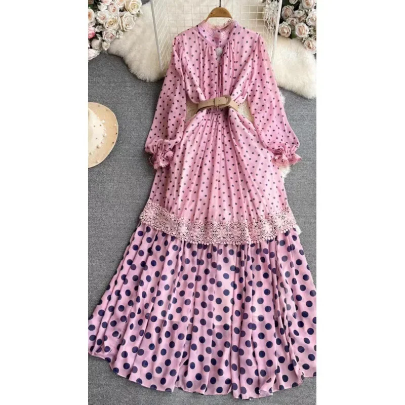 

Spring and Autumn Lightly Mature Retro Temperament Long Sleeve Stand-up Collar Cinched SlimmingaWord Polka Dot Dress Elegant Lar