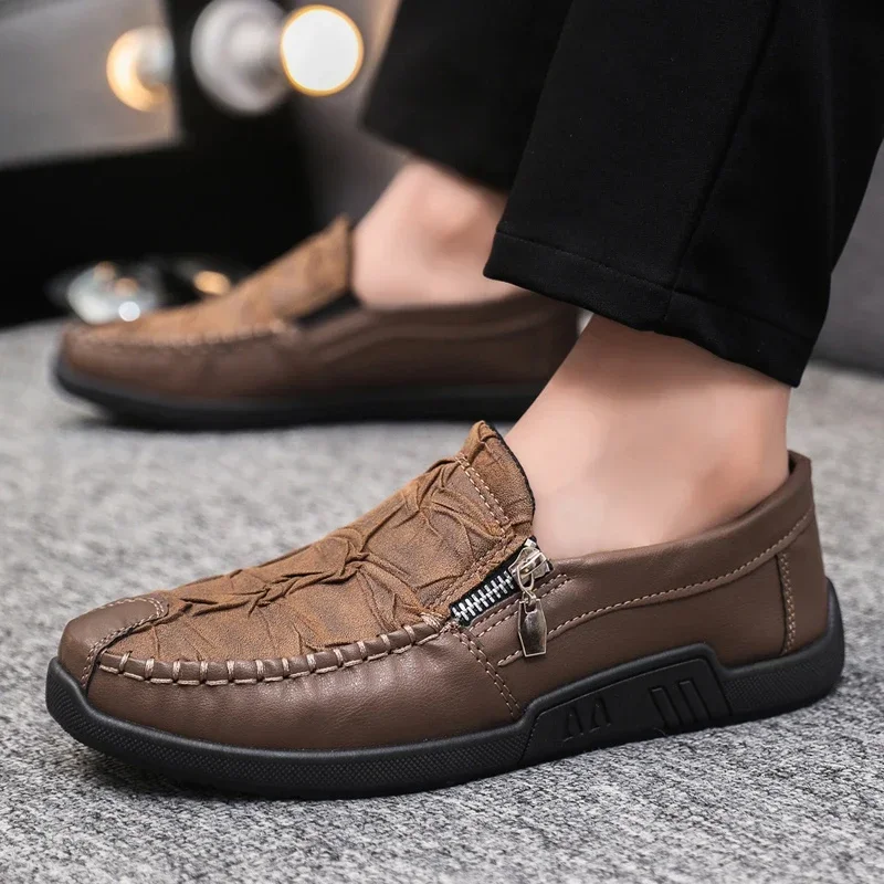 

Autumn Men Casual Shoes Leather Loafers Male Zip Flats Driving Shoes Soft Massage Moccasins Footwear Slip-On Boat Shoes Zapatos