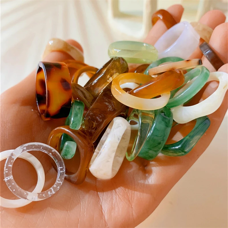 Bohemian retro acrylic resin ring combination set 30 piece For women personalized halo dyed dopamine wide face stacked ring