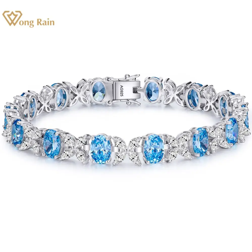 

Wong Rain Romantic 100% 925 Sterling Silver Oval Cut Aquamarine High Carbon Diamond Gemstone Bracelet Jewelry Anniversary Gifts