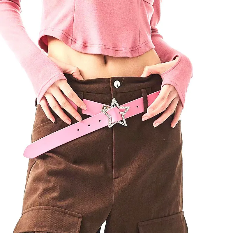Y2K PU Leather Belt Star Metal Buckle With Diamond Waistband Women Designer Fashion Belts for