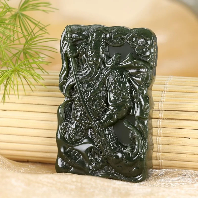 

Hetian Gray Guan Gong Brand God of War and Wealth Jade Pendant Double-Sided Carving