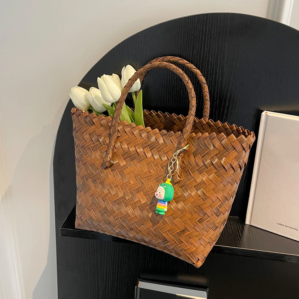 Women Weave Shopping Bags Large Capacity Summer Pool Bag Solid Color for Lady for Vacation Travel Daily Casual with Cute Pendant