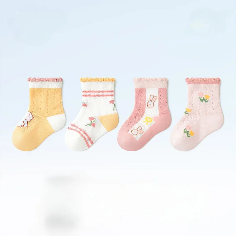 

Neonate Baby Cute Lace Cartoon Pattern Girls Spring Summer Socks Cotton Mesh Boneless and Breathable No Pilling Comfort