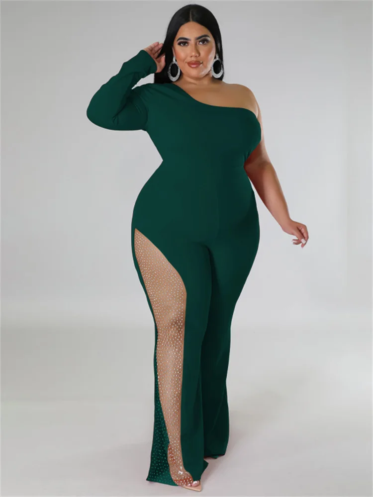 Wmstar Plus Size Women Clothes Jumpsuit Solid Single Sleeve Fashion Sexy Mesh Side Patchwork Romper Wholesale Dropshipping 2022