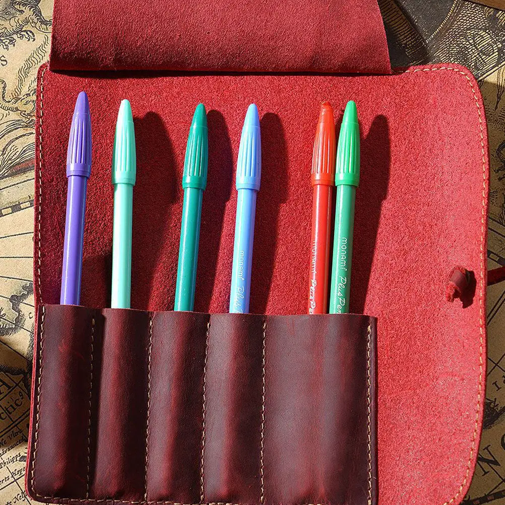 수제 빈티지 짙은 빨간색 펜 파우치 롤 펜 케이스 연필 가방 홀더 (만년필, 볼펜용)