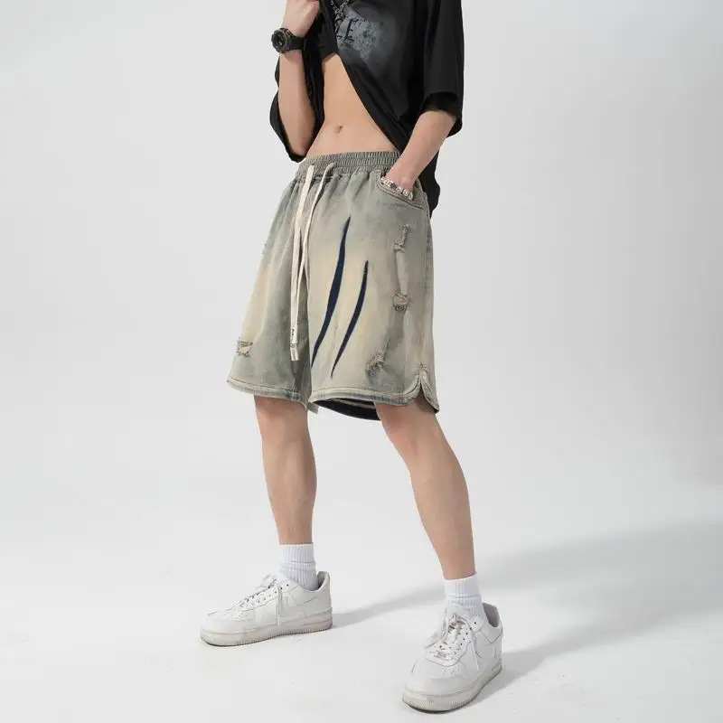 Yellow Mud Vintage Denim Shorts Men's Water Wash Fashion Brand American Vintage Loose Street Hip Hop Split Pants