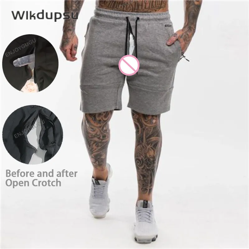 

Man Sexy Open Crotch Casual Pants Short Crotchless Trousers with Hidden Zipper Summer Mini Shorts Gay Couple Outdoor Sex Costume