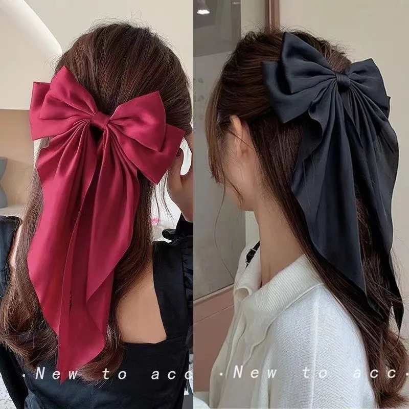 New Bow Ribbon Hairpin Headwear Simple Elegant Satin Spring Clip Fixed Hair Clip Retro Party Headdress Red Hair Accessories 2023