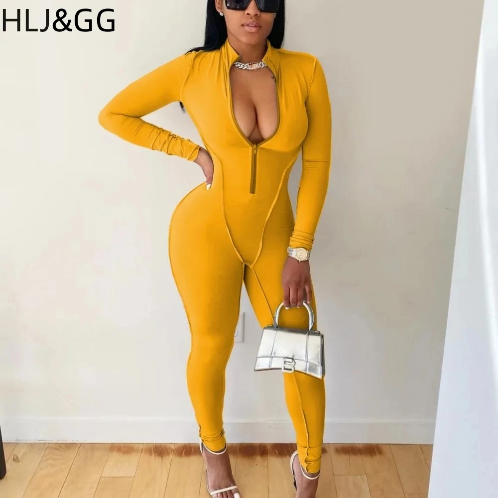 

HLJ&GG Autumn Casual Deep V Zipper Sporty Jumpsuits Women Long Sleeve Skinny Pants One Piece Playsuits Female Solid Home Overall