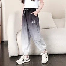 Fashion Gradient Girls Pant Summer Thin Style Elastic Waist Kids Trousers for Toddler Teens Children Ice Silk Clothing 3-14Y