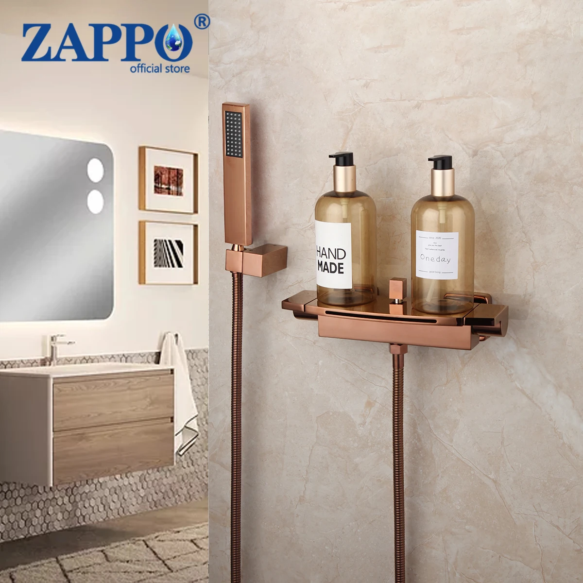 

ZAPPO Rose Gold Bathtub Shower Faucets Set Soild Brass Bathroom Hot & Cold Taps Mixer With Handheld Waterfall Type Wall Mounted