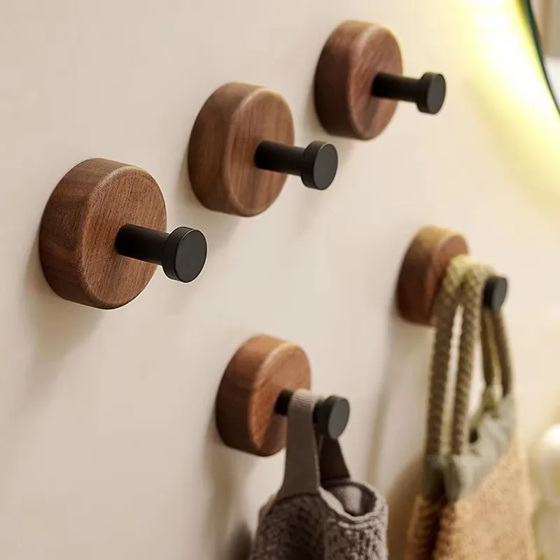 Self-adhesive Solid Wood Hooks Walnut Hanging Hanger Bathroom Wall Hook Bedroom Coat Storage Rack Home Towel Key Decor Hook 2