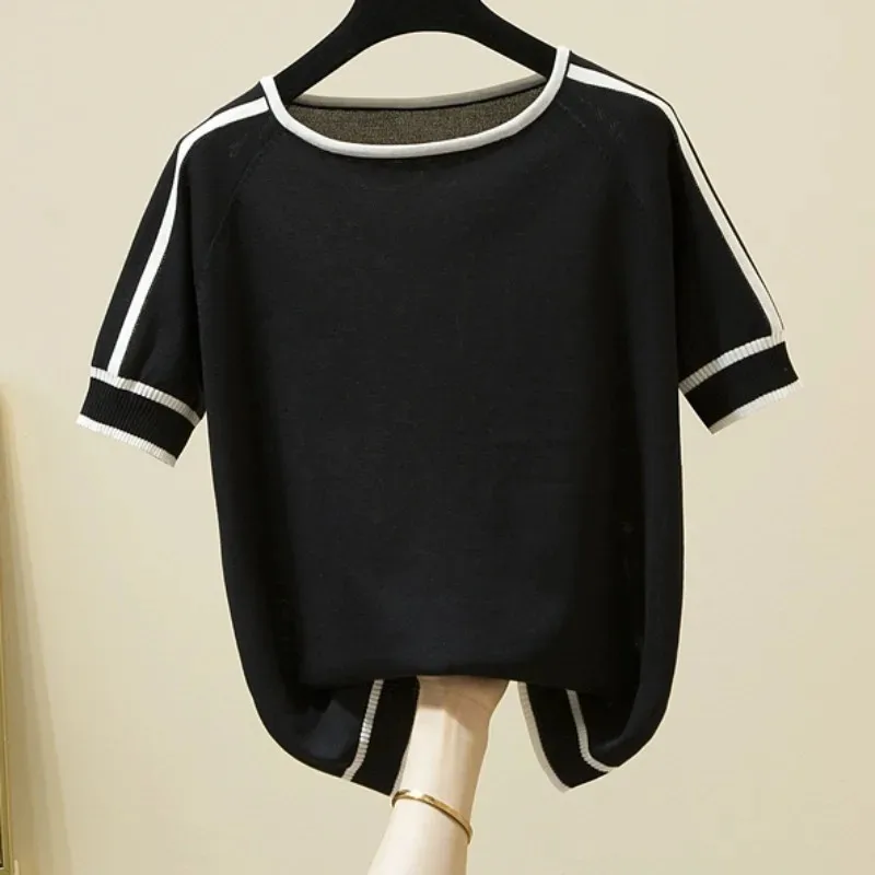 Color Blocked Women's Knitted Thin Short Sleeved Top Casual Striped Fashionable T-shirt 18841