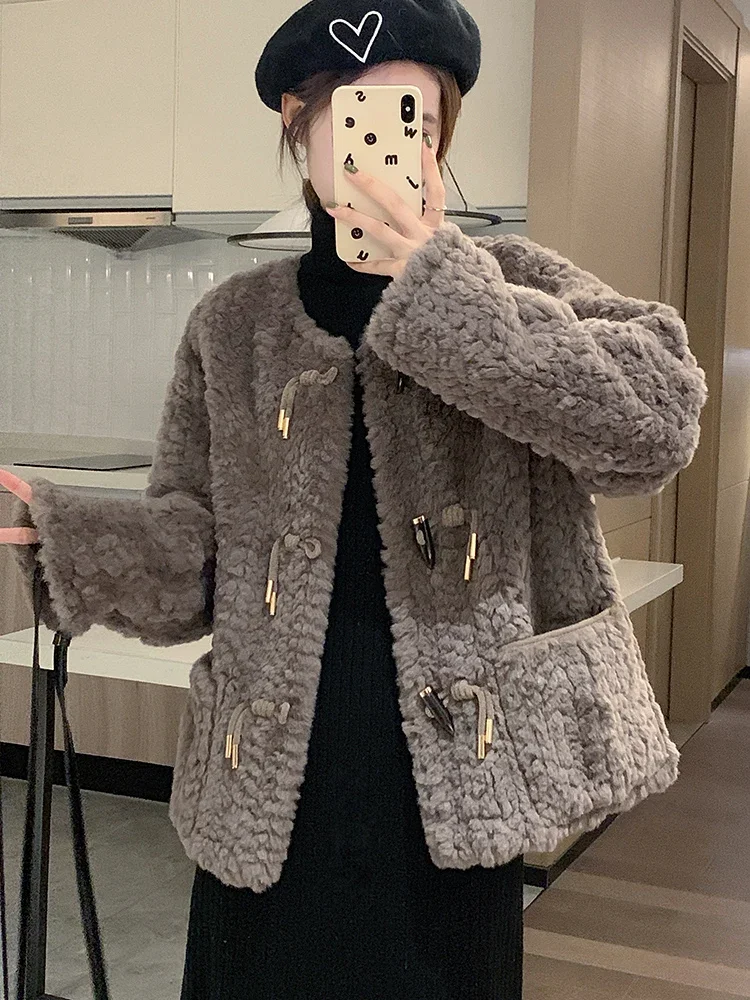 Korean Style Fashion Round Neck Long Sleeve Women's Woolen Coat 2023 Autumn Winter Commute Style Horn Button Pocket Short Coat