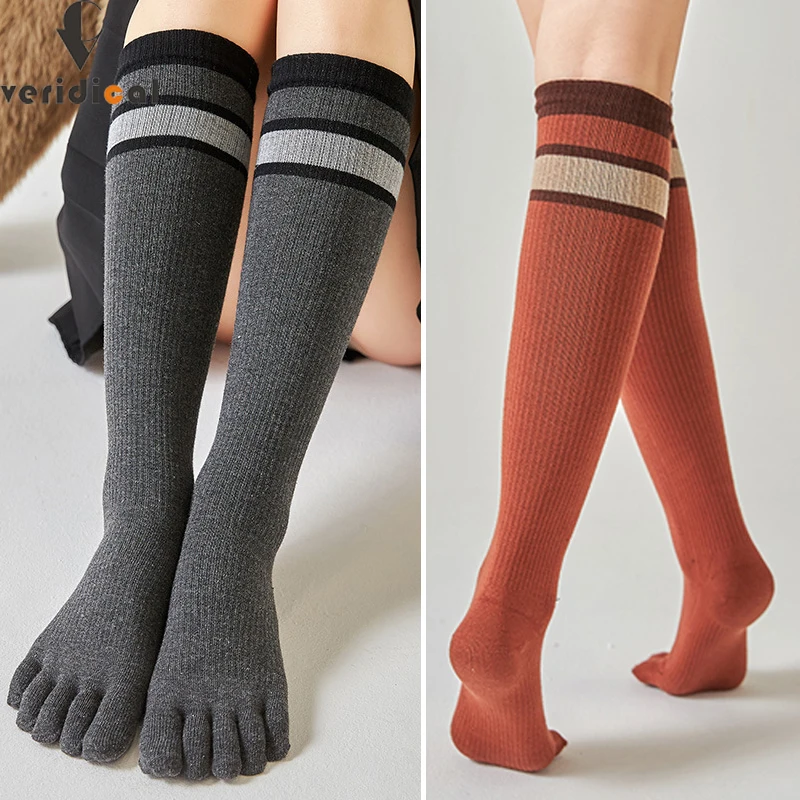 

2 Pairs Long Toe Socks Compression Women Cotton Warm Striped Stocking Calf Below knee 5 Finger Harajuku Happy Socks Fashions