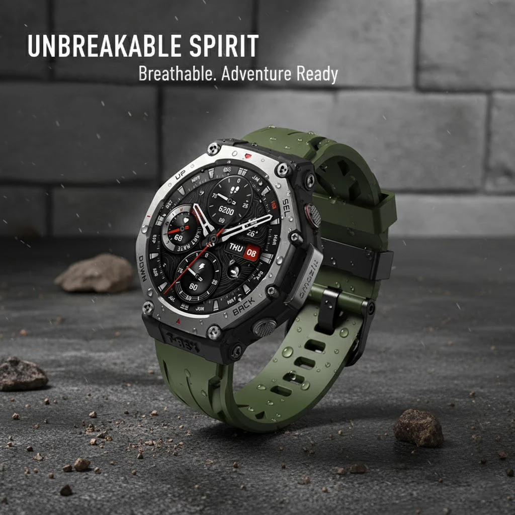 Breathable Black Silicone Strap with Metal Connector - Adjustable Sport Wristband
