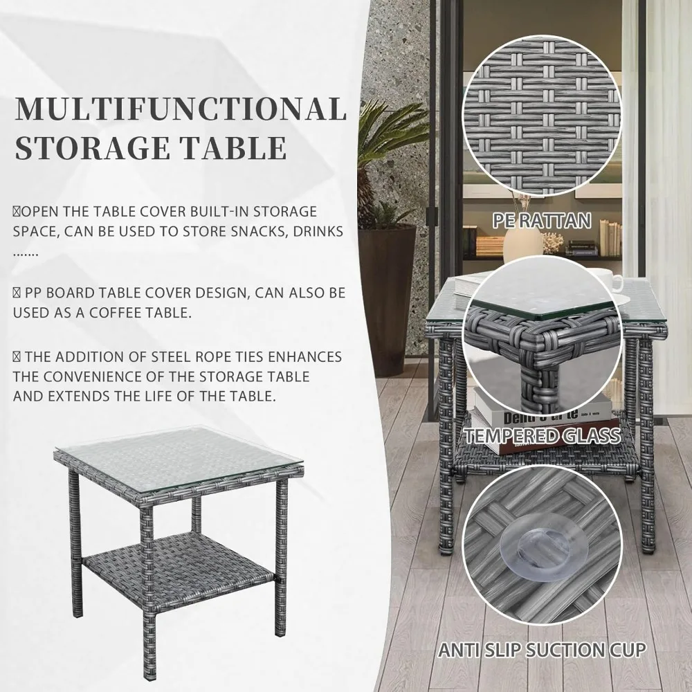 3 Piece Patio Rocking Chair Outdoor Rattan Bistro Set with Glass Top Table Conversation Set with Grey PE Wicker, Gray Cus 5