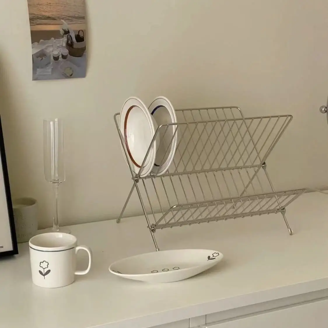 X-shaped foldable double layer drainage rack, kitchen countertop, water tray, kitchen dishes, chopsticks storage rack 5
