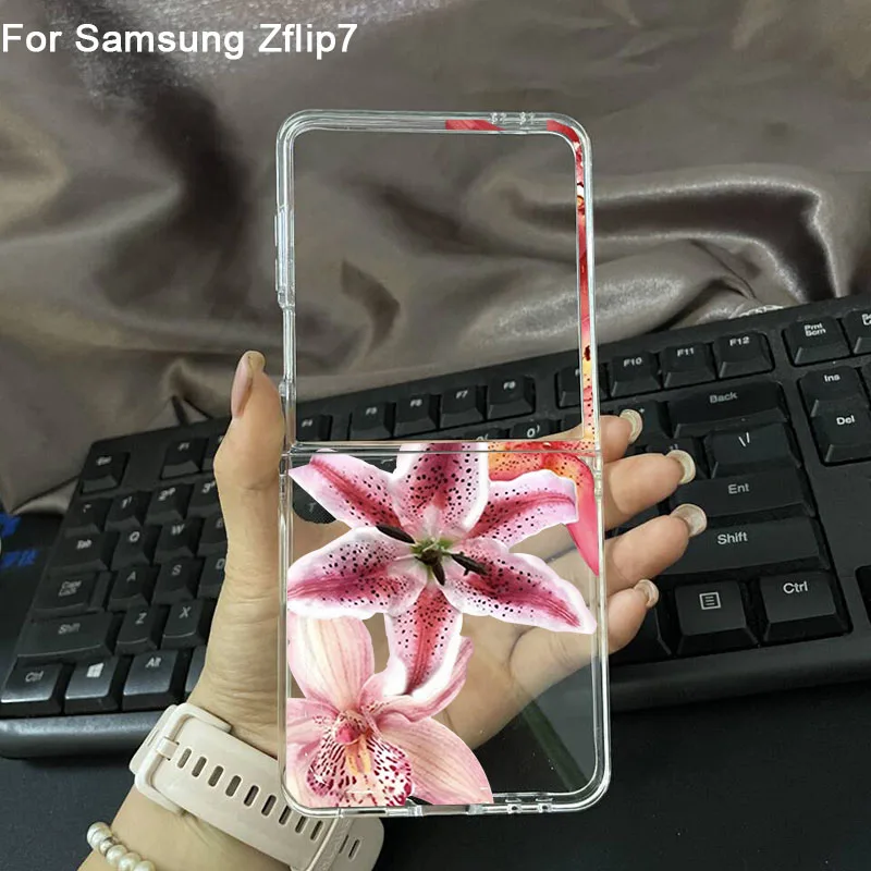 Pink Lily Flower Pattern Clear Hard PC Folding Phone Case