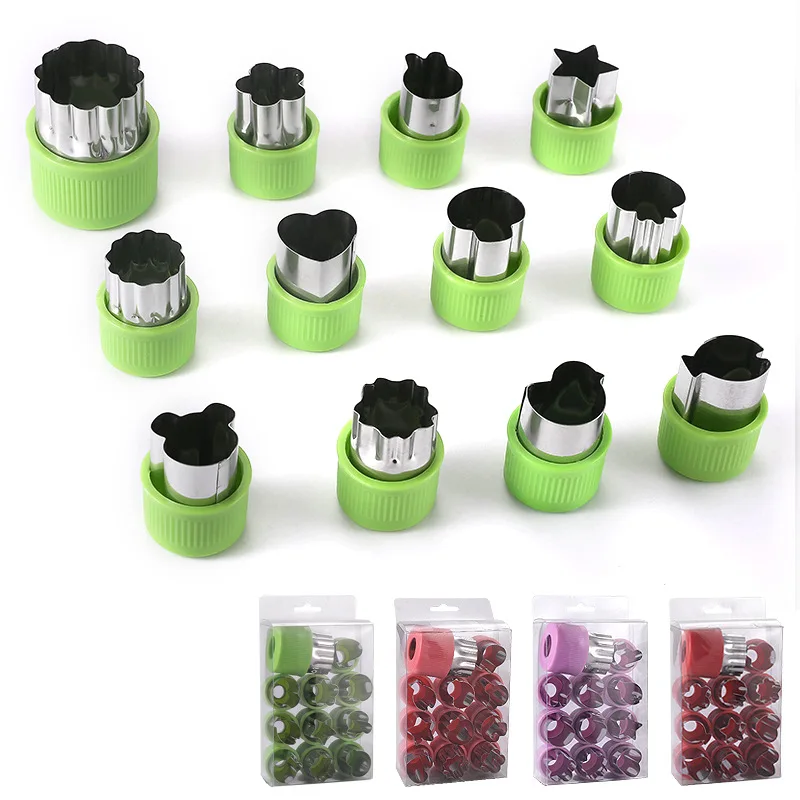 12pcs/set Vegetable Fruit Cutter Stainless Steel Flowers Cartoon Shape Mold Cake Biscuit Cutting Mold Kitchen Cookie Cutter Tool