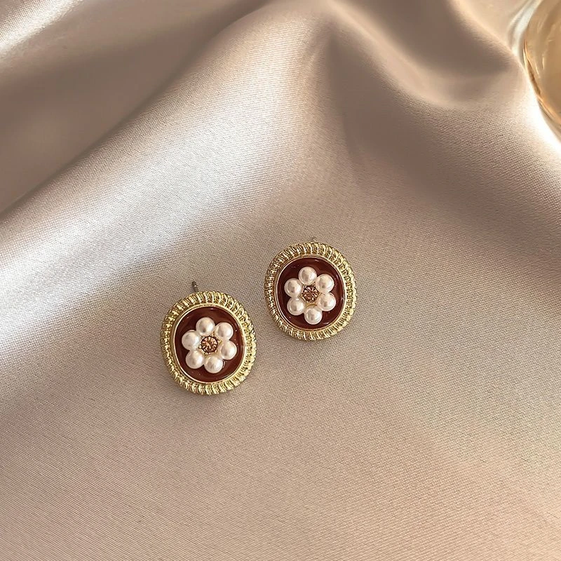 Vintage Burgundy Enamel Square Stud Earrings for Women Gold Color Metal Imitation Pearl Flower Earring Party Jewelry