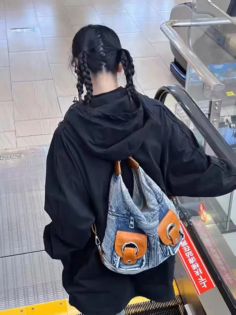 Denim Hobo Bag Women's Retro Shoulder Bag Student Leisure Style_voghion.com