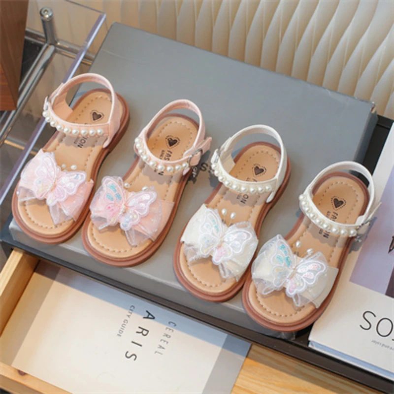 

Детские удобные сандалии на мягкой подошве с открытым носком и жемчужным бантом, летние сандалии для девочек, новинка 2024, размеры 23-34