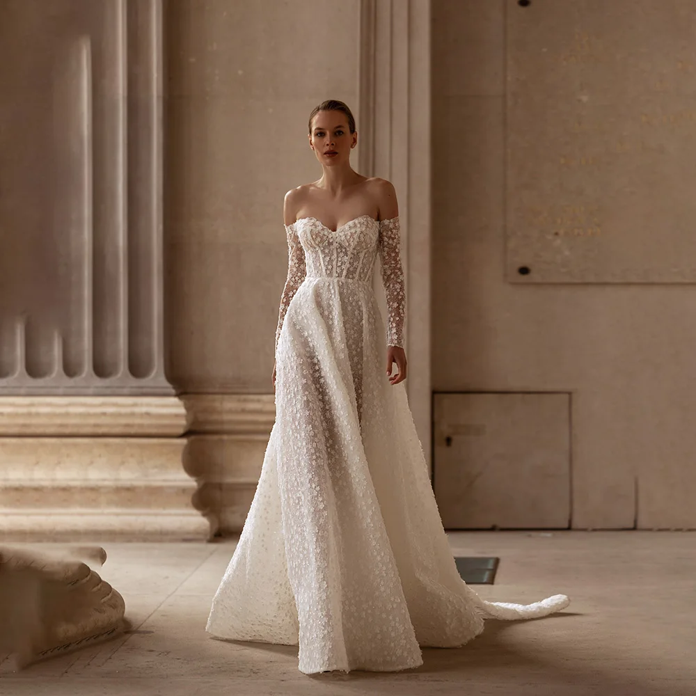 

Luxury Appliques Lace Tulle Pleated Long Sleeve Wedding Dress for Women Backless Court A-line Wedding Gown vestido de novia