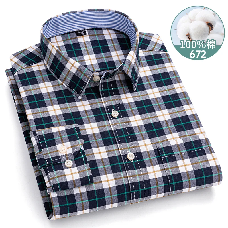 Men's Long Sleeve Plaid Oxford Shirt - 100% Cotton, Regular Fit, Casual & Formal Wear