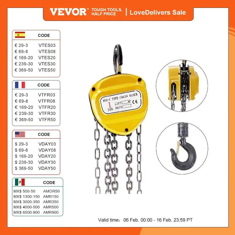Vevor Blocco Catena 1100-6600 Libbre Per Paranco Manuale Giallo Paranco A Catena 6M In Blocco Con Leva Di Sollevamento