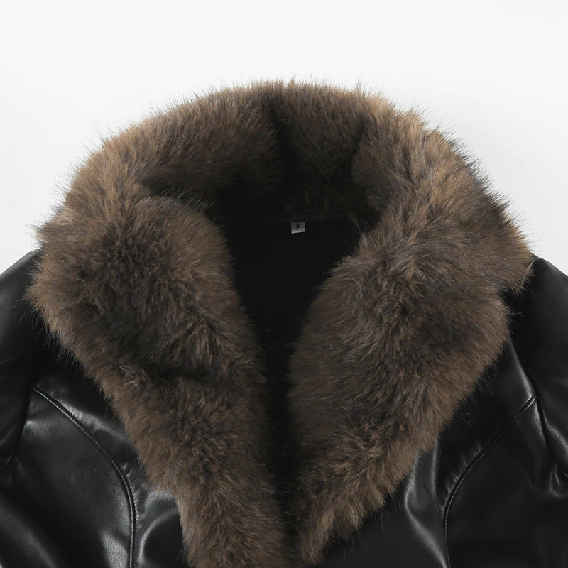 Faux Leather Fur Turndown Collar Jacket Korean Stylish Winter Cardigan Coat Punk Vintage 90s Women Outwear Chic Fall
